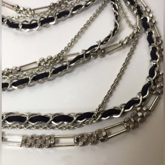 Multi-strand Silver Tone & Black Suede Ribbon Chain Necklace 37” - Picture 4 of 8